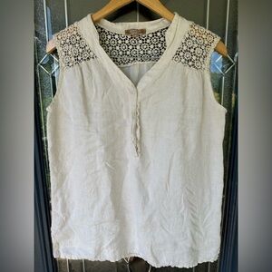 Carla Conti Medium 100% Linen Sleeveless Tank Crochet Detail Cream beige